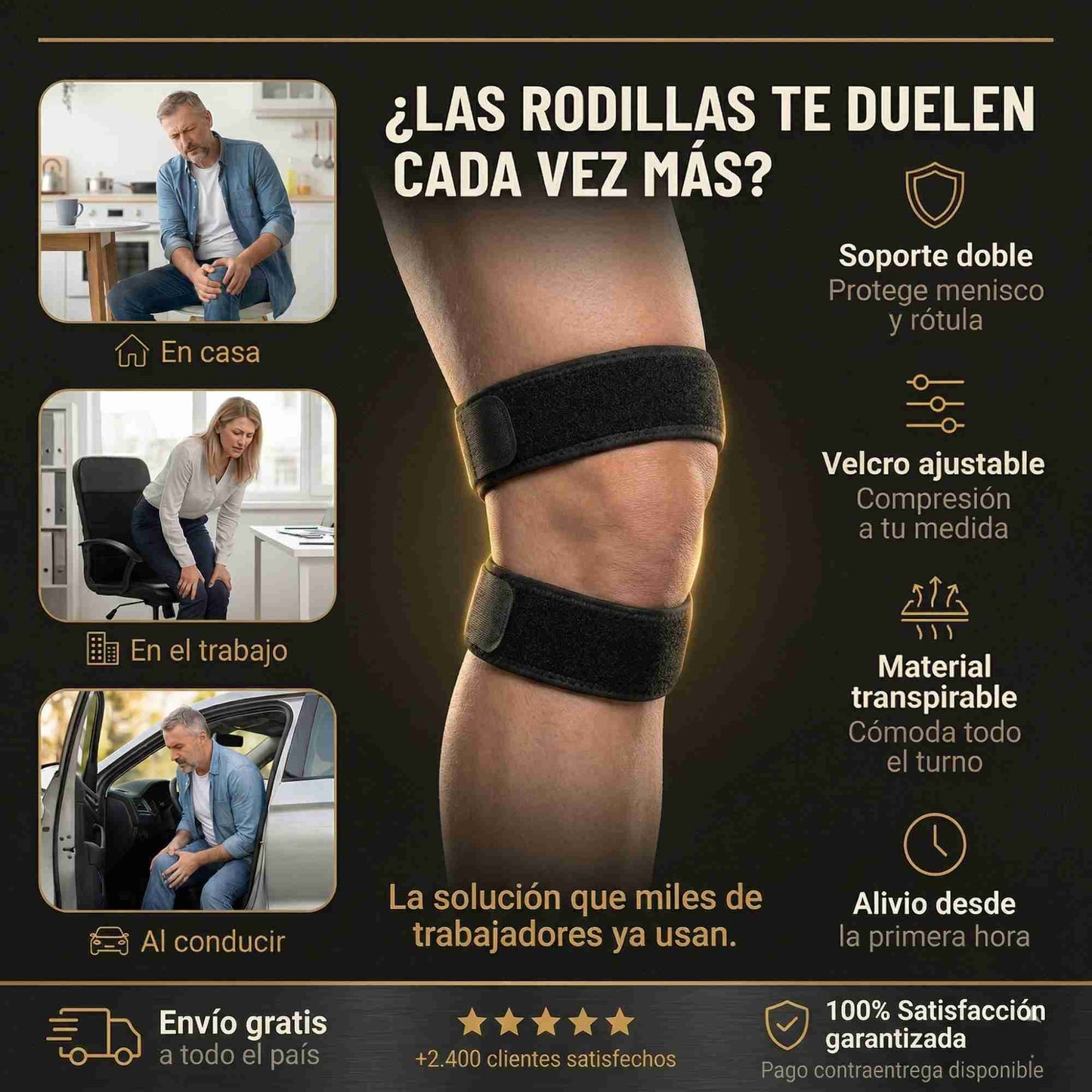 🦵 Rodillera Doble con Velcro Ajustable – Termina el día sin dolor de rodilla desde el primer uso 💪